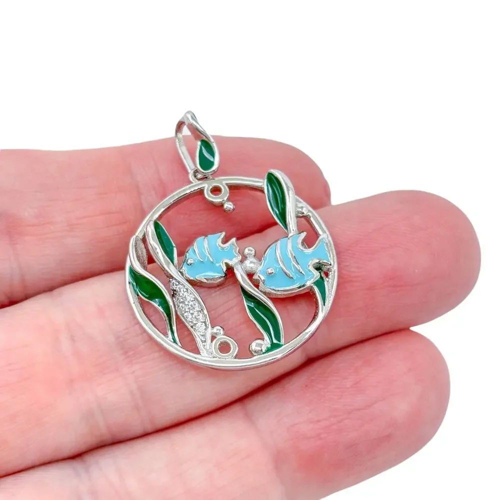 Vintage Sterling Silver 925 Tropical Fish & Seaweed Enamel Under the Sea Pendant